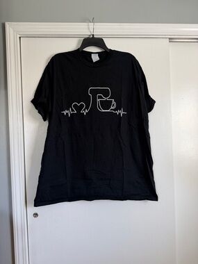 Port Authority Black Short Sleeve Tee with White Coffee & Heartbeat Graphic